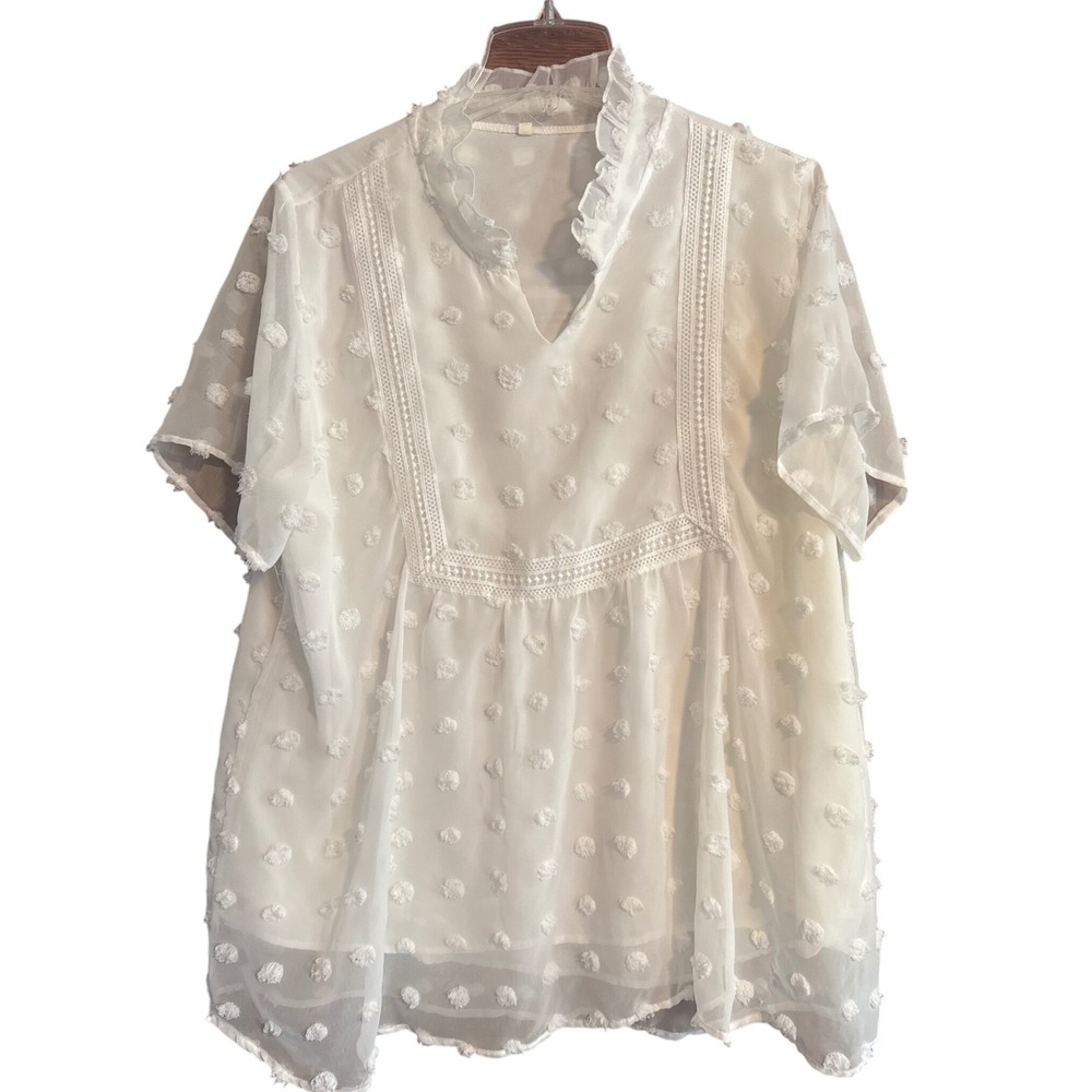 White XL Women's Swiss Dot Ruffle Neck Short Sleeve Boho Lined Sheer Blouse Top